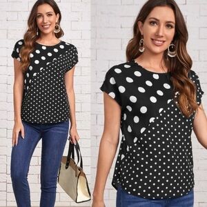 Emery Rose‎ Black White Polka Dot Short Sleeve Blouse Womens Size XL Top Minimal